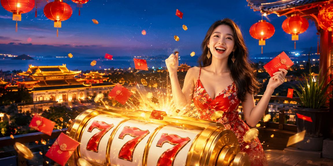 Màn hình slot game với đèn lồng Huế, thể hiện phong cách giao diện xskh trên di động
